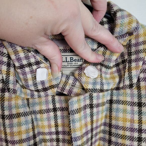 Vintage L.L. Bean wool oatmeal check plaid leather button jacket Size 18 Preppy - Picture 6 of 12